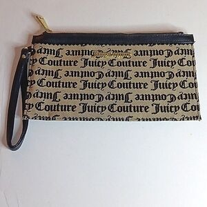Juicy Couture Black and Beige gold Juicy zip close wristlet with strap. NWOT